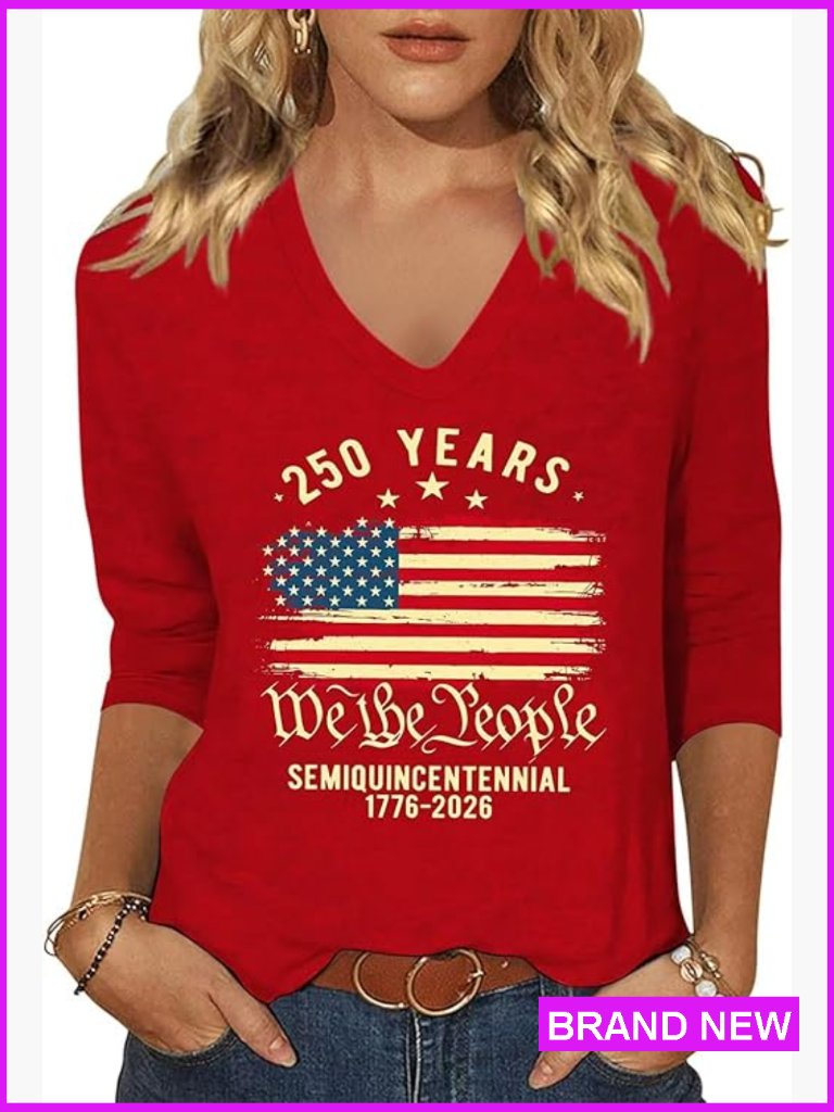 Patriotic V-Neck Tee With American Flag Graphic 3/4 Sleeve Summer T-Shirt